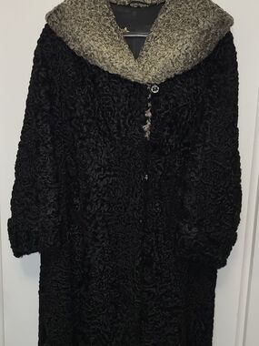 Two J Walsh Furs Women's Black Teddy Coat with Contrasting Gray Shawl Collar